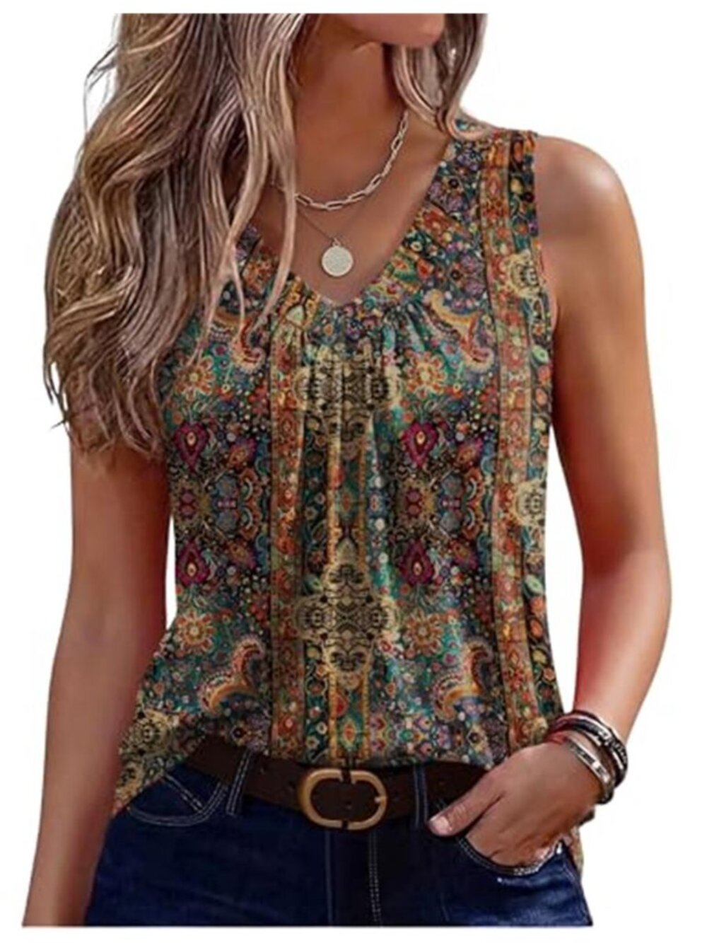 Boho Paisley Print Sleeveless V-Neck Pleated Tank Top Multicolor Loose Fit